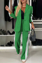 Full Size Contrast Lapel Collar Top and Pants Set - kinko