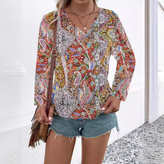 Printed V-neck Long Sleeve Shirt Women's Clothing - kinko