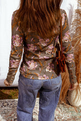 Brown Floral Print Waffle Textured Long Sleeve Top - kinko