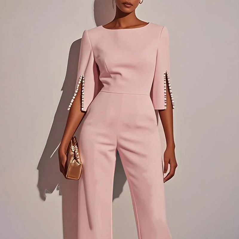 Women's Elegant Round Neck Jumpsuit - Mid-Sleeve With Side Slit Cuffs & Pearl Accents, Back Zipper Design For Casual To Formal Events - kinko