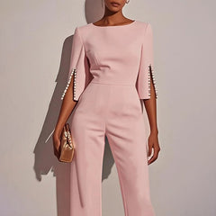 Women's Elegant Round Neck Jumpsuit - Mid-Sleeve With Side Slit Cuffs & Pearl Accents, Back Zipper Design For Casual To Formal Events - kinko