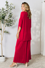 Double Take Full Size Round Neck Slit Top and Pants Set - kinko