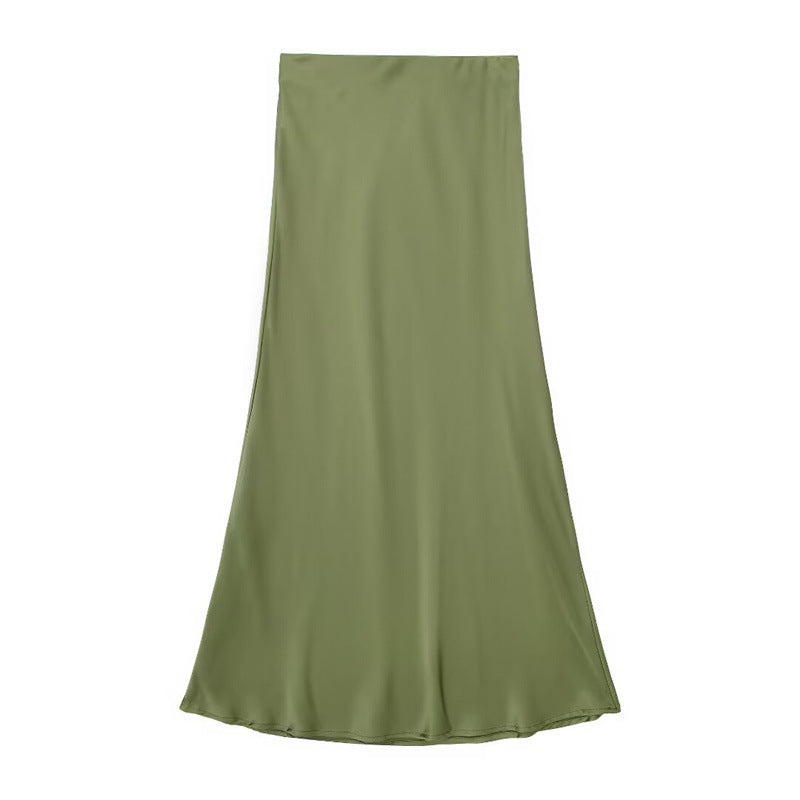 Solid Color Slim Silk Satin Texture Midi Skirt - kinko