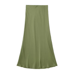 Solid Color Slim Silk Satin Texture Midi Skirt - kinko