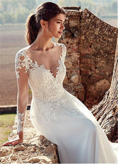 High U-neck Lace Long Sleeve A- Line Long Tail Simple Wedding Dress - kinko