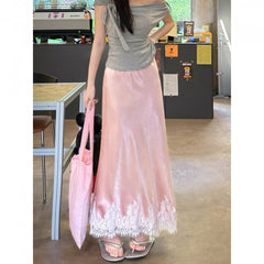 Spring And Summer Lace Acetate Satin Fishtail Skirt For Women - kinko