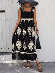 Smocked Printed Wide Strap Maxi Dress - kinko