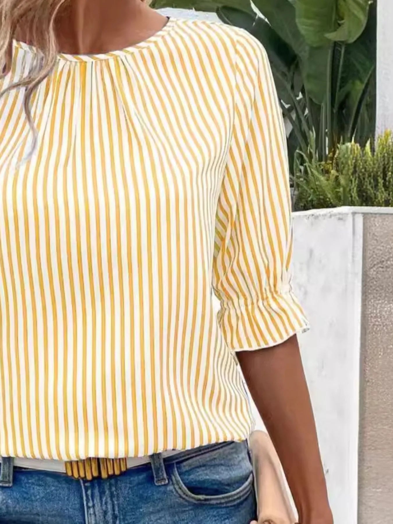 Striped Round Neck Half Sleeve Casual Blouse - kinko