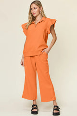 Double Take Texture Ruffle Short Sleeve Top and Drawstring Wide Leg Pants Set - kinko