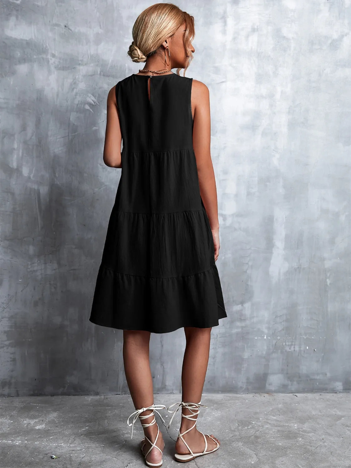 Tiered Round Neck Sleeveless Mini Tank Dress - kinko