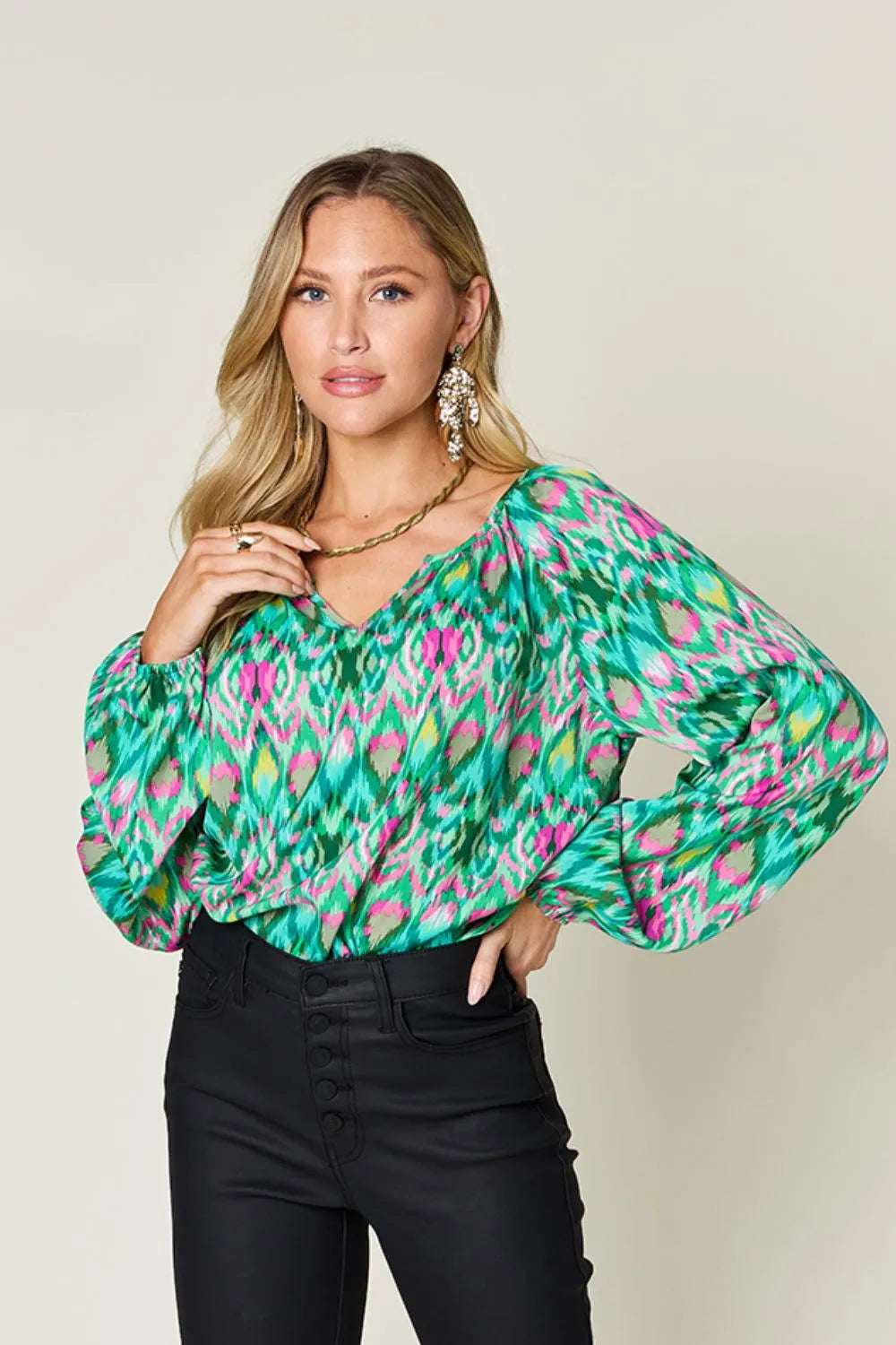 Double Take Full Size Printed Balloon Sleeve Blouse - kinko