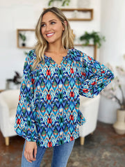 Double Take Full Size Printed Balloon Sleeve Blouse - kinko
