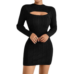 Hollow-out Cinched Women's Clothing Package Hip Sweater Dress - kinko