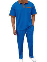Men's Full Size Waffle-Knit Contrast Polo and Pants Set Plus Size - kinko