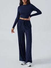 Tether Solid Color Waist Tight Fashion Wide Leg Casual Trousers Suit - kinko