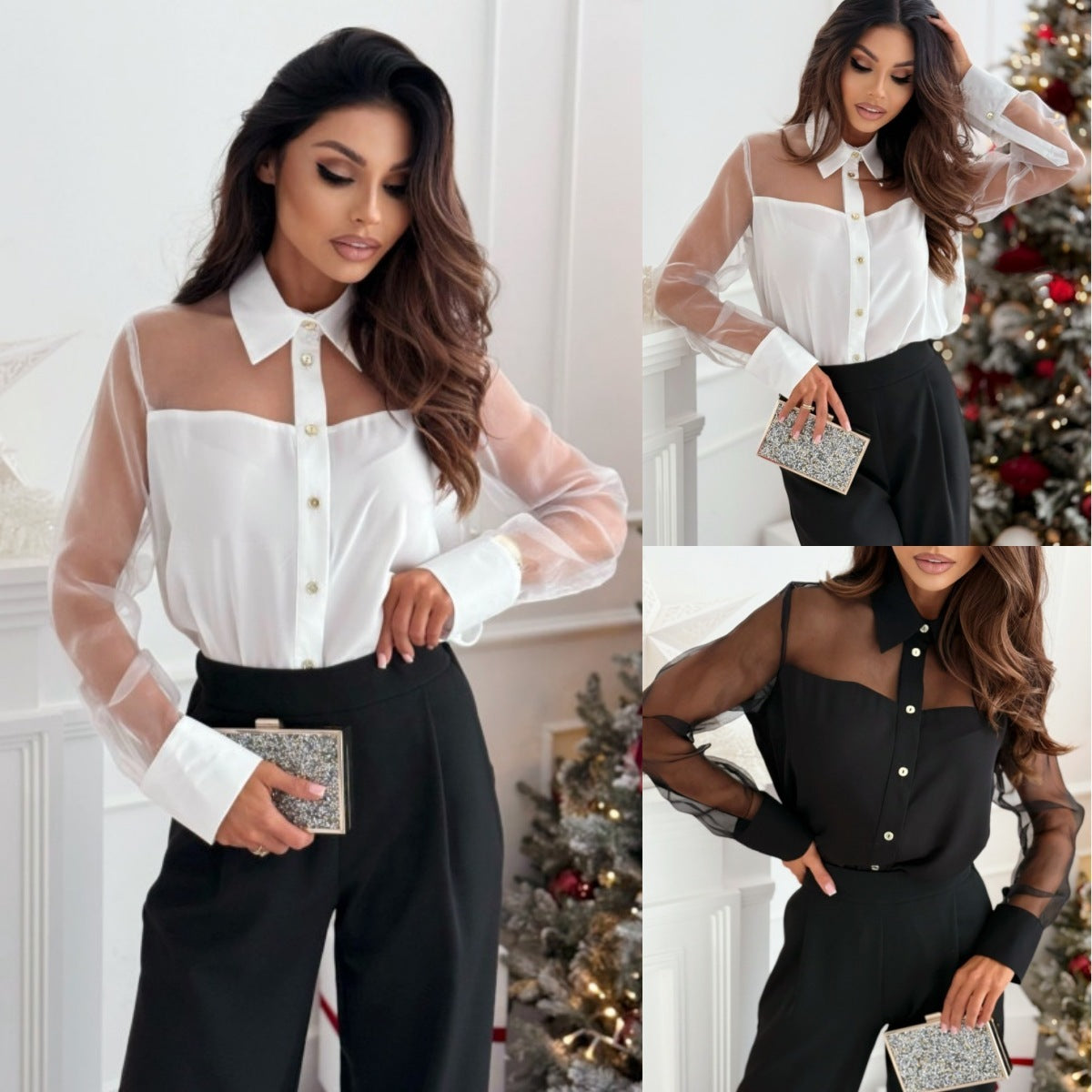 Elegant Solid Color Polo Collar Long Sleeve Mesh Stitching Shirt For Women - kinko