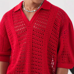 Hollow Mesh Texture Knitted Short-sleeved Polo Shirt - kinko