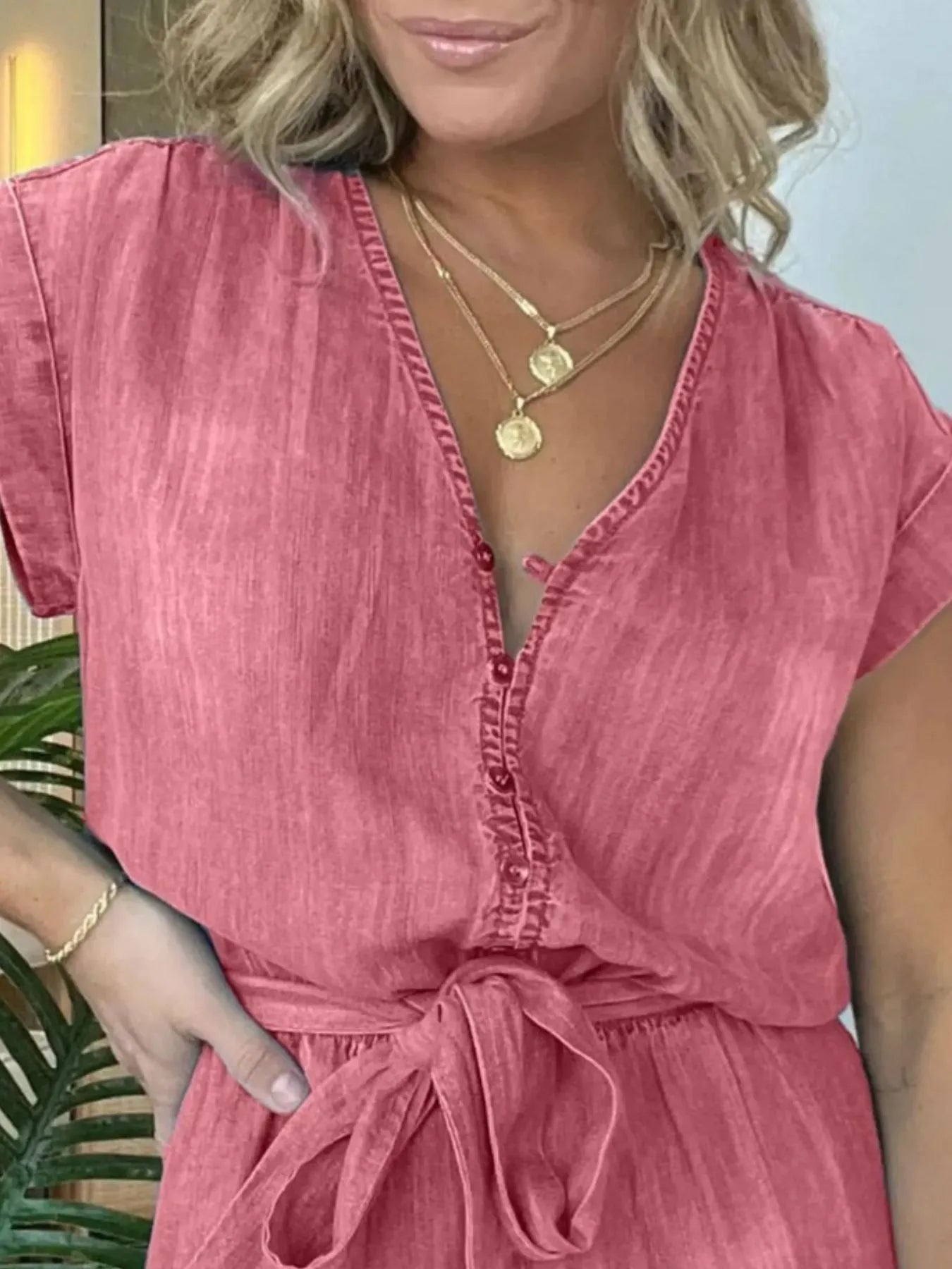 Full Size Tie Waist Cap Sleeve Denim Romper Plus Size - kinko