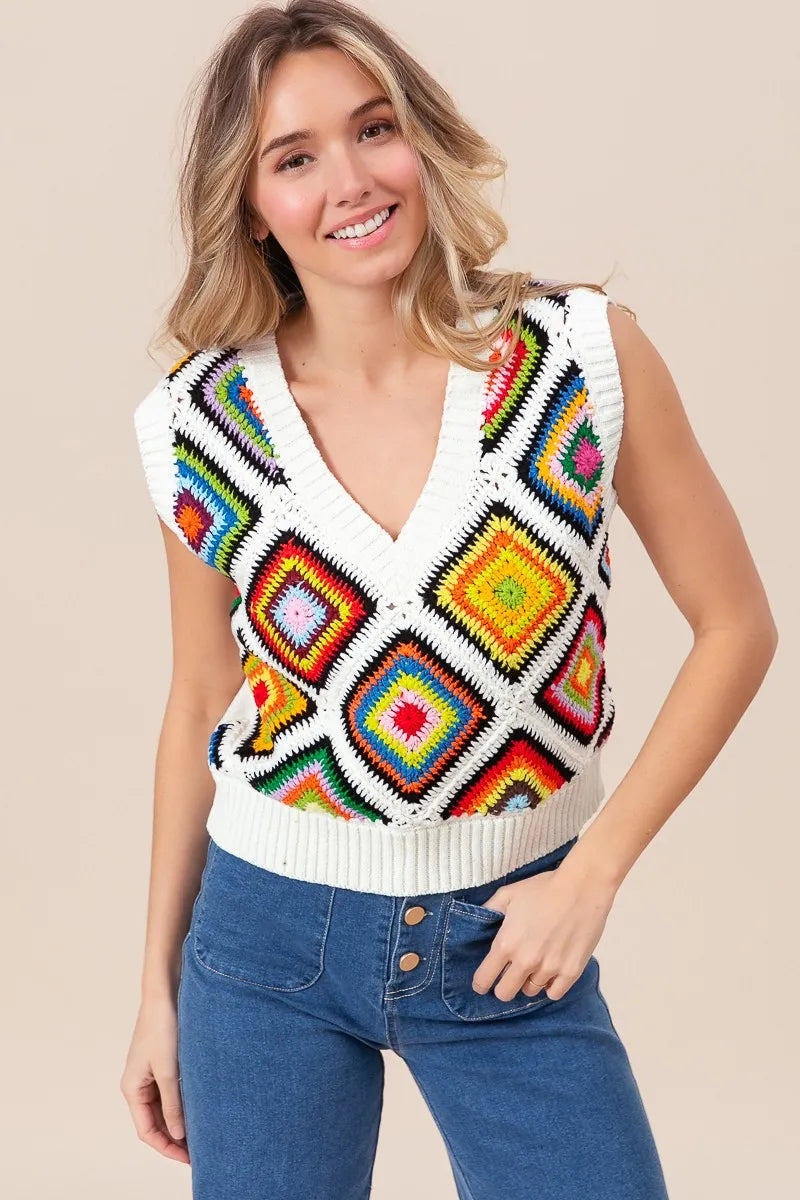 BiBi Diamond Granny Square Sweater Vest - kinko