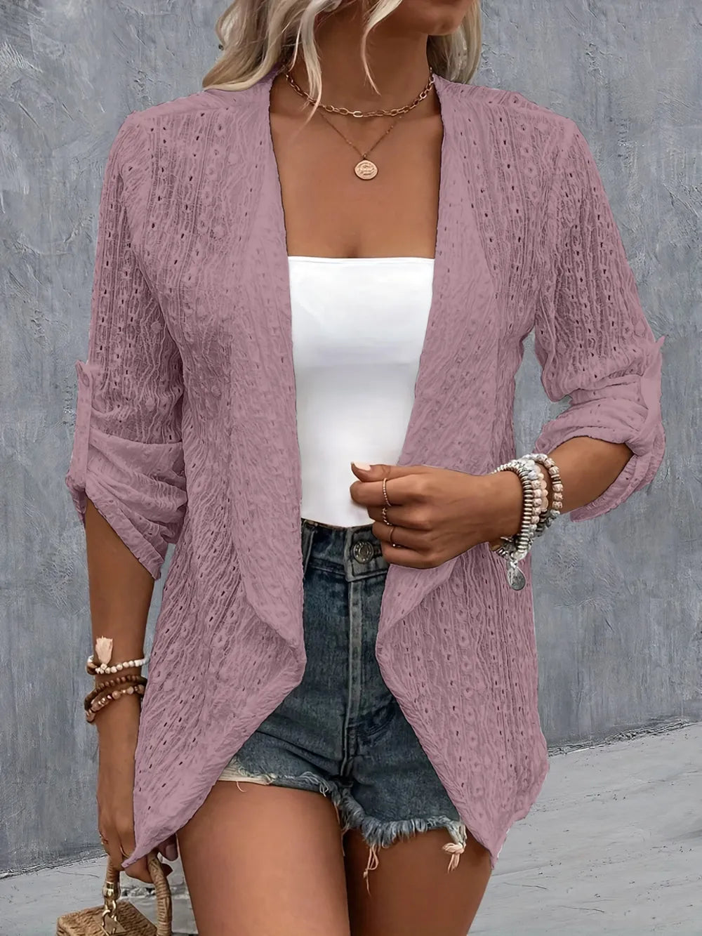 Eyelet Roll-Tab Sleeve Cardigan - kinko