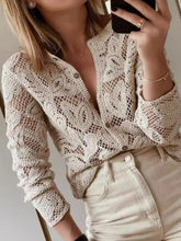 Lace Button-Up Long Sleeve Shirt - kinko