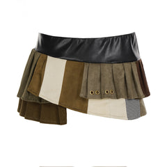 Retro Street Style Hot Girl Irregular Leather Patchwork Pleated Skirt - kinko