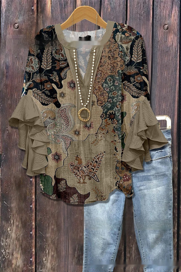 Women's Creative Printing Casual V-neck Lotus Sleeve T-shirt - kinko