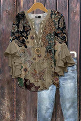 Women's Creative Printing Casual V-neck Lotus Sleeve T-shirt - kinko