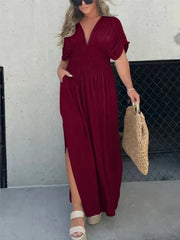 Full Size Deep V-Neck Maxi Dress with Side Slit Plus Size - kinko