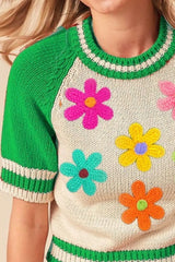 BiBi Crochet Flower Patches Striped Rib Band Sweater - kinko