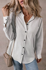 Stripe Roll-tab Sleeve Pocketed Long Shirt - kinko