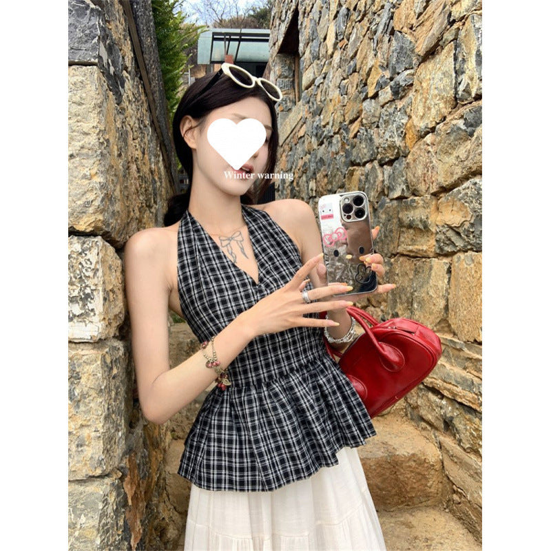 Retro Plaid V-neck Lace-up Halter Sleeveless Shirt - kinko