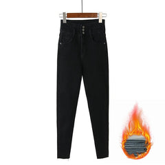 Fleece high waist jeans women's feet fall and winter