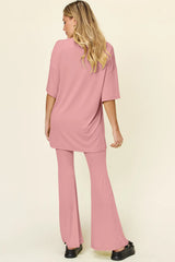 Double Take Full Size Round Neck Drop Shoulder T-Shirt and Flare Pants Set - kinko