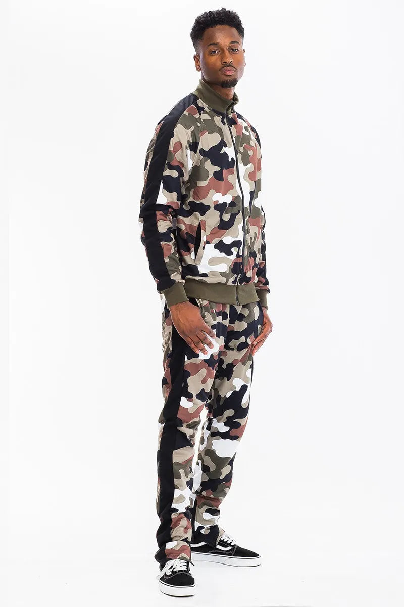 WEIV Men's Full Size Camo Side Stripe Jacket and Pant Set Plus Size - kinko