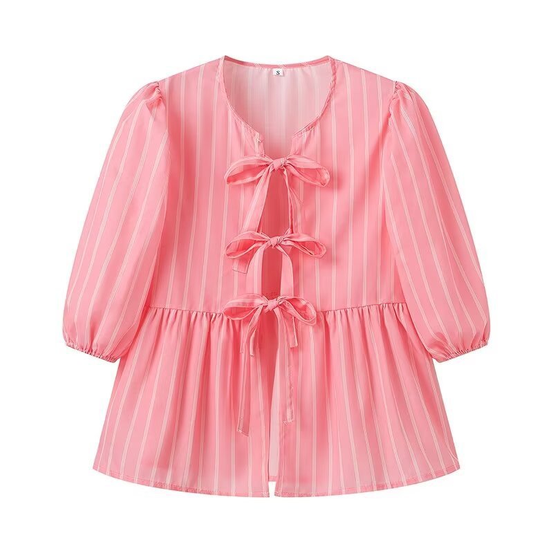 Vertical Striped Bow Lace-up Shirt Loose Round Neck Half Sleeve Shirt - kinko