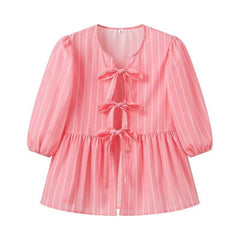 Vertical Striped Bow Lace-up Shirt Loose Round Neck Half Sleeve Shirt - kinko
