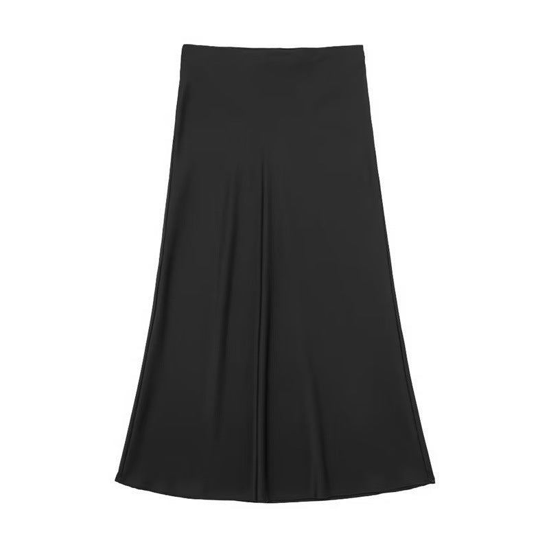 Solid Color Slim Silk Satin Texture Midi Skirt - kinko