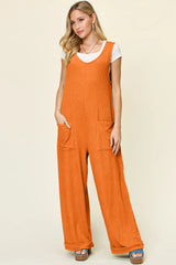 Double Take Full Size Texture Sleeveless Wide Leg Jumpsuit - kinko