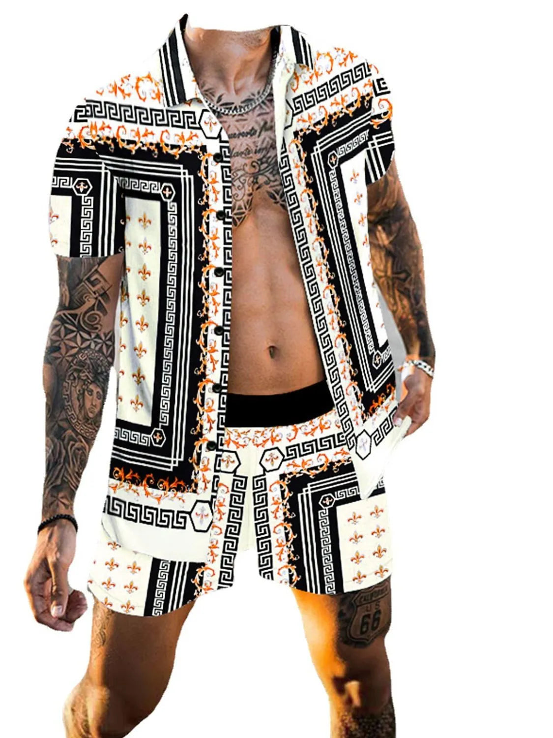 Men's Full Size Printed Collared Neck Short Sleeve Top and Shorts Set Plus Size - kinko