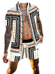 Men's Full Size Printed Collared Neck Short Sleeve Top and Shorts Set Plus Size - kinko