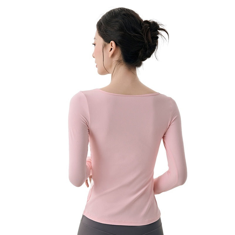 Nude Feel High Elastic Long Sleeve Yoga Wear Top Slim Fit Slim And Sexy Big Neckline - kinko
