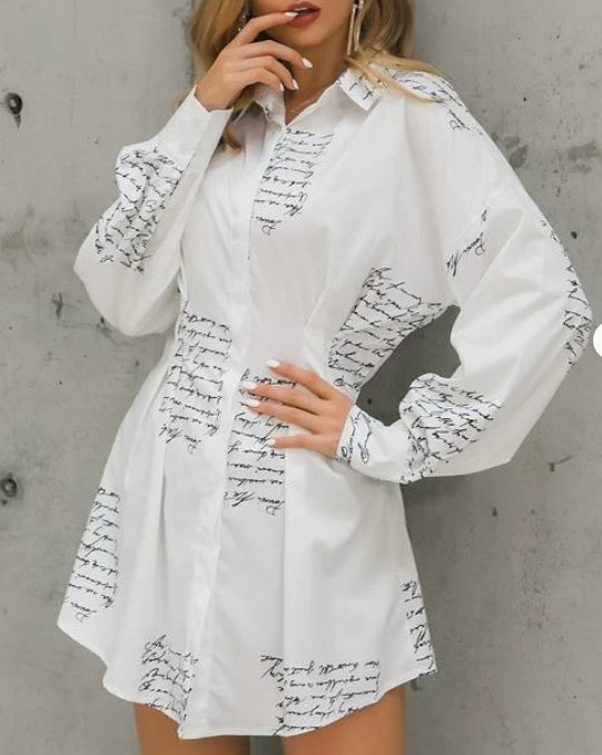 Print shirt dresses with a tight waist - kinko