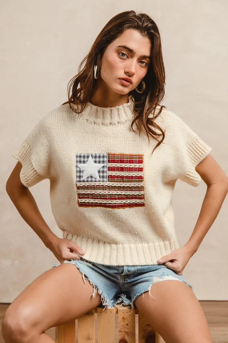 BiBi American Flag Patchwork Drop Shoulder Sweater - kinko