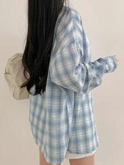 Blue Plaid Shirt For Women Loose Long Sleeve Jacket - kinko