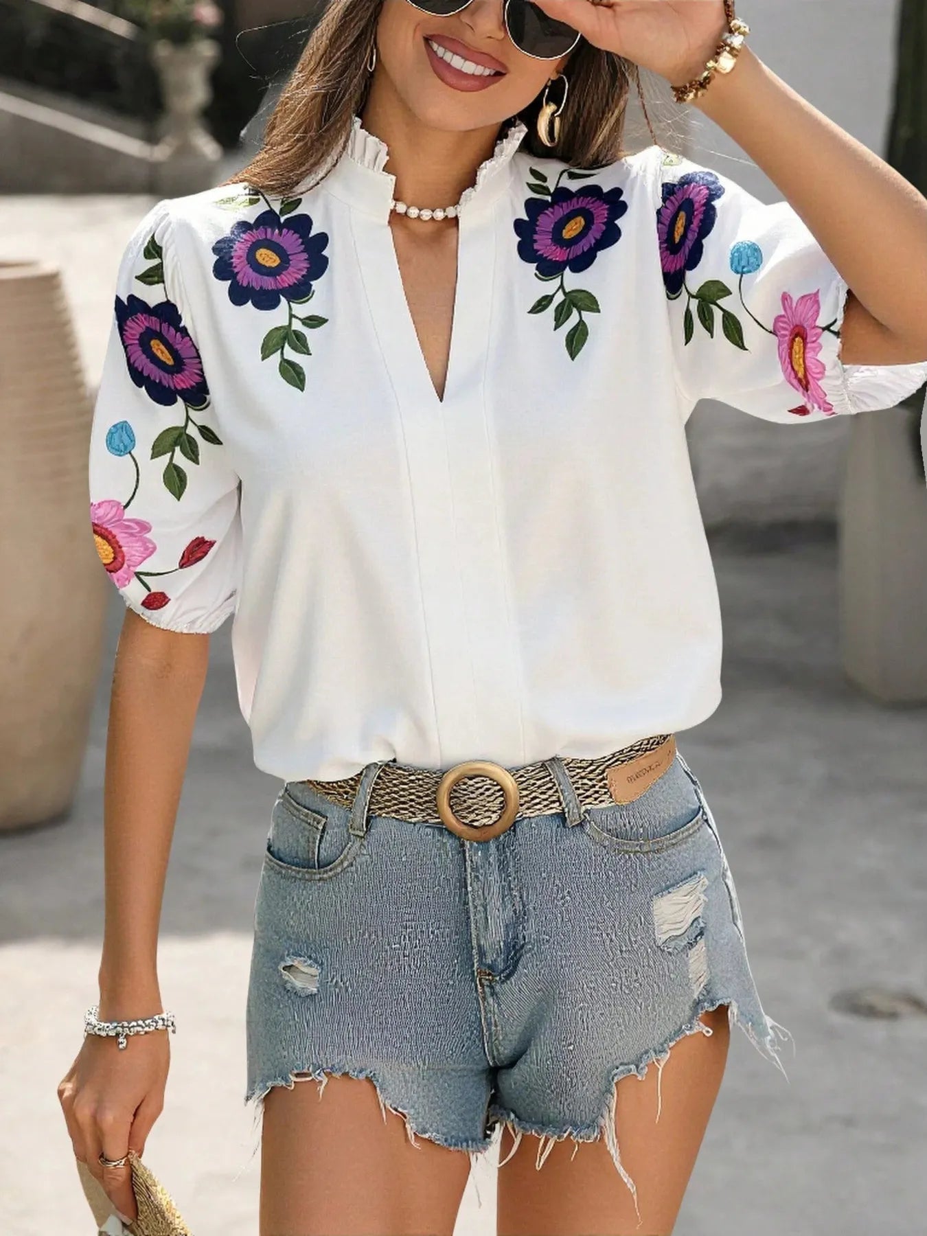 Floral Print Notched Puff Sleeve Blouse - kinko