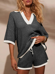 Collared Neck Contrast Striped Top and Shorts Sweater Set - kinko