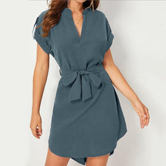 V-neck Short Sleeve Dress With Belt Summer Fashion Bowknot Dresses For Women Clothing - kinko