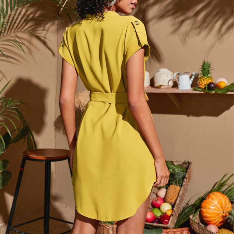 V-neck Short Sleeve Dress With Belt Summer Fashion Bowknot Dresses For Women Clothing - kinko