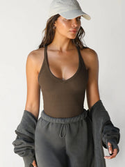 Ribbed V-Neck Halter Tank Top - kinko